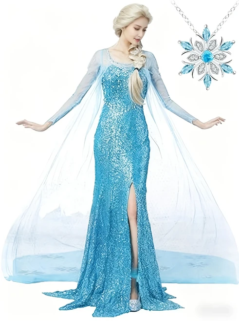 코스프레 애니메이션 의상 얼음과 눈의 공주 드레스 엘사 엘사 성인 공주 드레스 공연 의상, 01 L, 01 Dress with necklace
