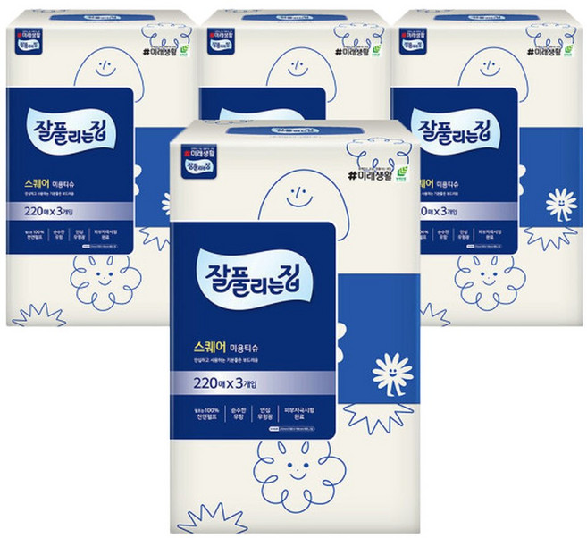 잘풀리는집 스퀘어 미용티슈 220매 3입 4팩, 12개
