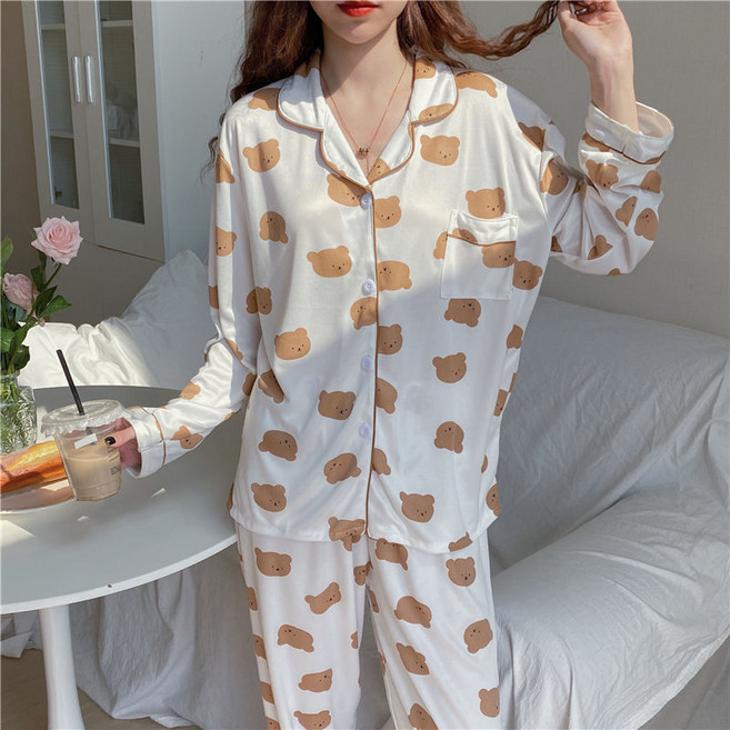 여성 곰돌이 베어 체크 격자 얼룩 무늬 패턴 긴팔 파자마 홈웨어 실내복 잠옷 세트 긴팔카라잠옷세트7종