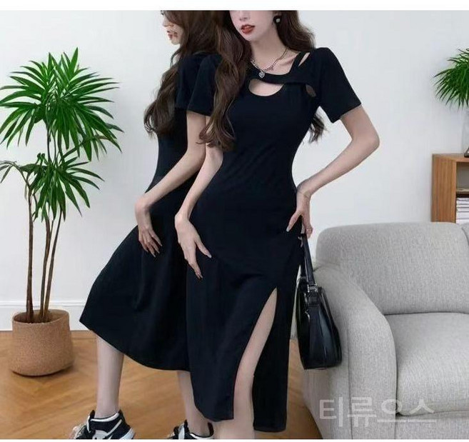 티류으스 여성 여름 블랙 프렌치 치파오 드레스 반팔 레이스 롱 원피스 Lyw