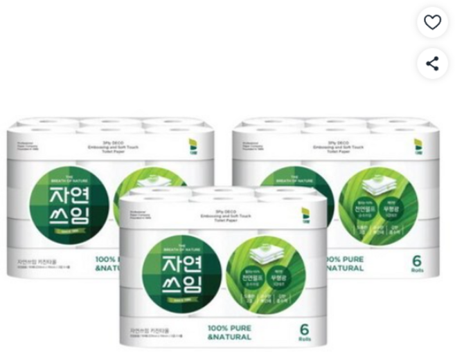 자연쓰임 천연펄프 키친타올 150매 6입 3팩 총18롤, 6롤, 3개