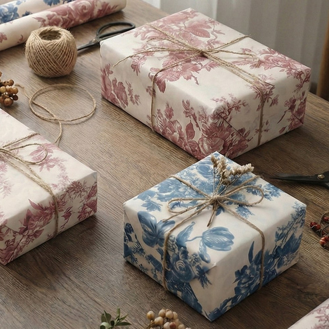 빈티지 감성 꽃다발 선물 종이 포장지 10장 + 리본 끈 세트, 1개, (혼합)블루5p+레드5p