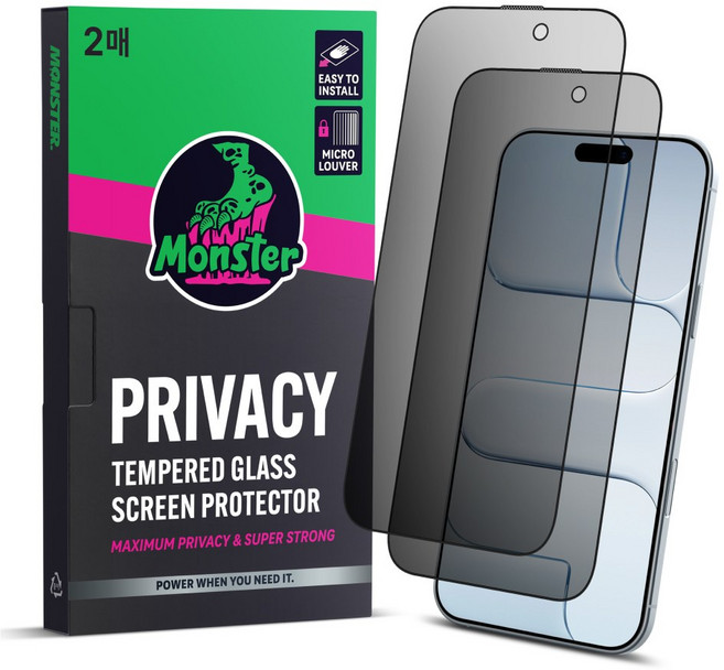 몬스터 사생활보호 슈퍼강력 강화유리 휴대폰 액정보호필름 2매 + 똥손탈출 부착틀, 1세트