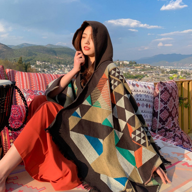 보헤미안 판초 몽골여행 바람막이 후드형 망토