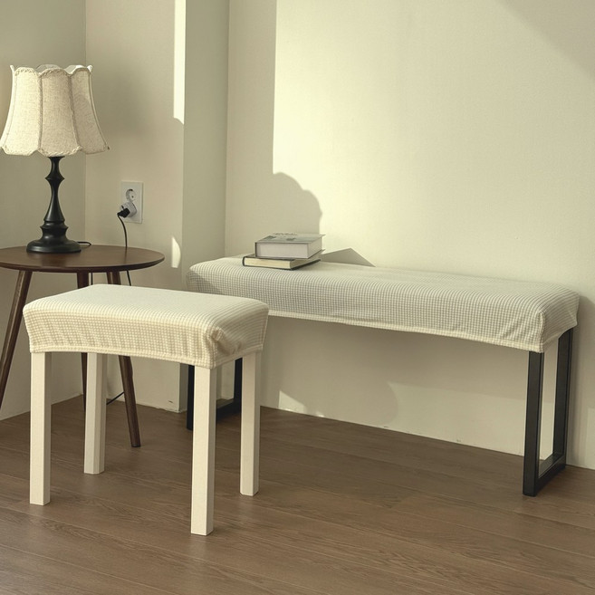 [쭉 늘어나는] 커버무드 와플 벤치형 식탁의자 커버, 화이트, 1개