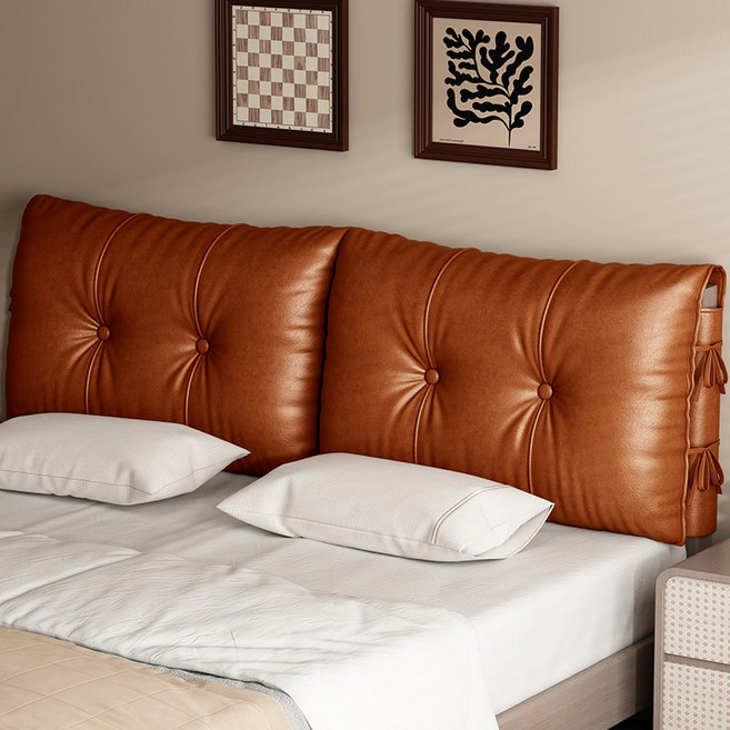 왁스 가죽 헤드보드 쿠션 침대 대형 등받이 큰 베개, 브라운 왁스가죽