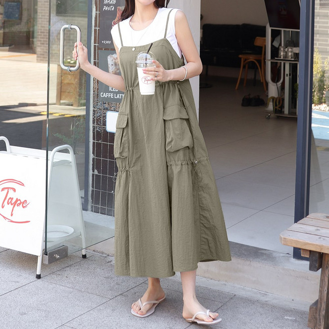 데일리앤 노이드 카고 포켓 바스락 아노락 롱 원피스 뷔스티에 스트링 끈나시 여름 휴양지