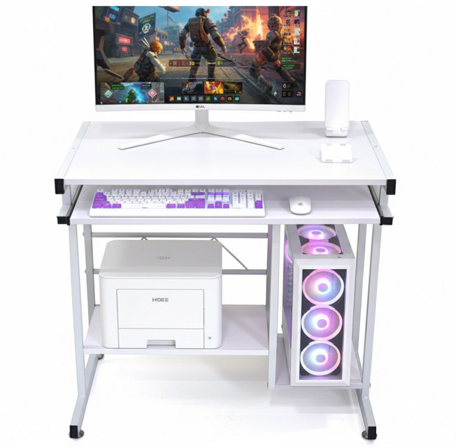 심플 좁은공간책상 키보드선반 장착 철제 선반 학생 학원 원룸 1인용 컴퓨터 책상, 화이트(목재상판)