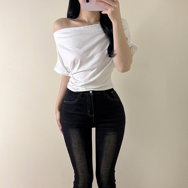 VANANA2 고급미 원숄더 찰랑 루즈핏 깔끔한 룩 반팔 오프숄더 블라우스 티