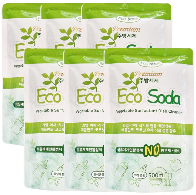 에코소다 식물성 주방세제 리필, 6개, 500ml