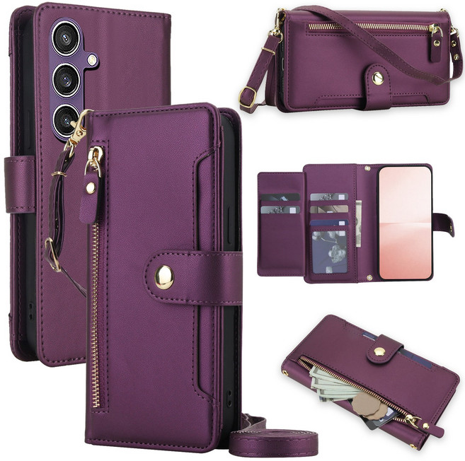 삼성 갤럭시 S26 S25 FE Edge Plus Ultra 적용 크로스바디 PU 가죽 지갑형 폰 케이스 손목 스트랩 카드 수납 지퍼 포켓 RFID 차단 킥스탠드 커버