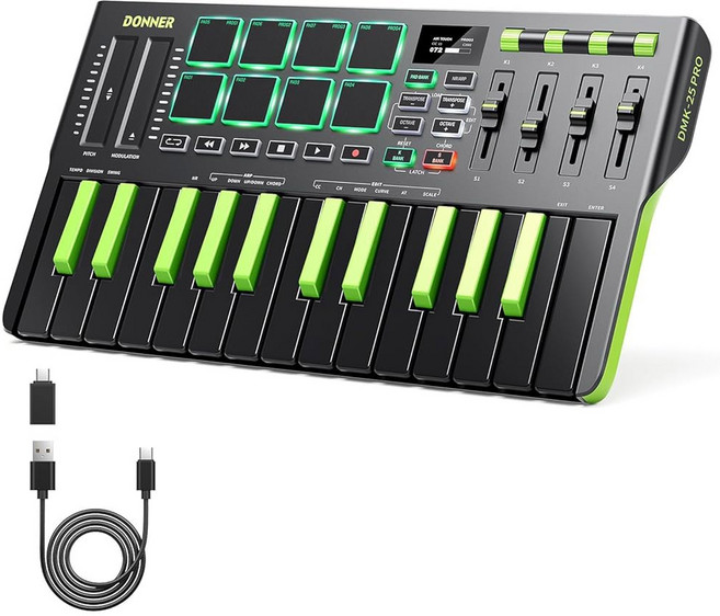 도너 USB-C MIDI 키보드 컨트롤러 8개의 드럼 패드 OLED 디스플레이 16개의 스마트 저울 아르페지오 재생 4개의 DAW 소프트웨어 및 40개의 교육 과정이, Black/Green