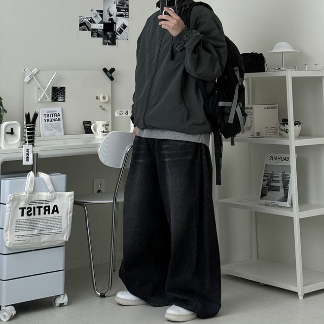 르위 남자 오버핏 바람막이 점퍼 하이넥 스트링 집업자켓