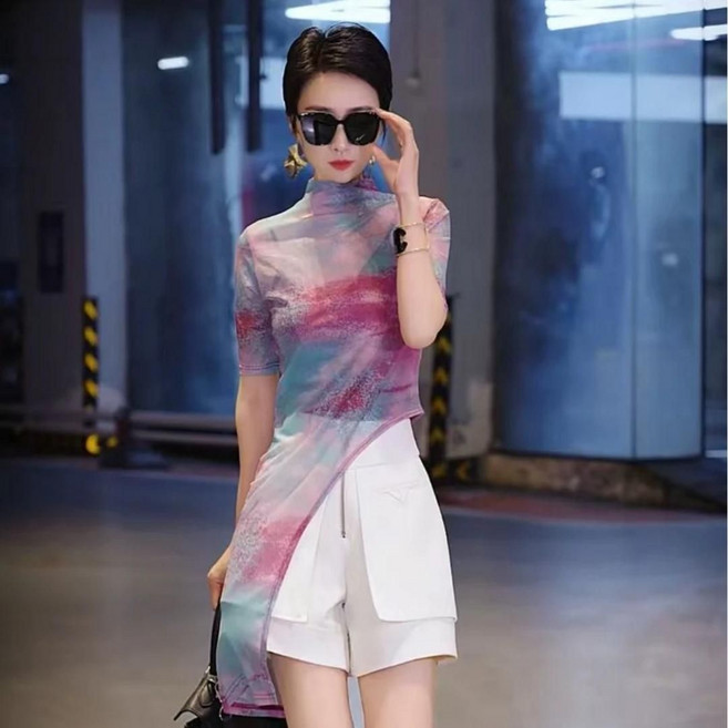 페이준 여성 여름 언밸런스 나염 반팔티 반폴라 슬림핏 블라우스 LN4521