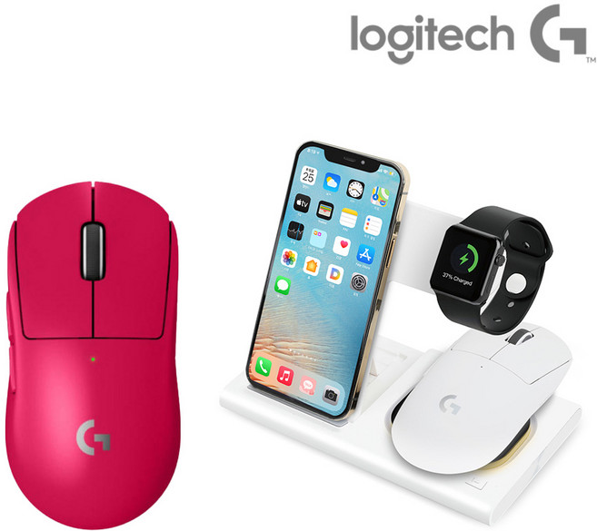 로지텍 G PRO X SUPERLIGHT2 슈퍼라이트2 지슈라2 무선 게이밍 마우스+ 스카이울프 4in1 무선 충전기 (갤럭시워치용)), 핑크, 지슈라2 마우스+4in1 화이트충전기