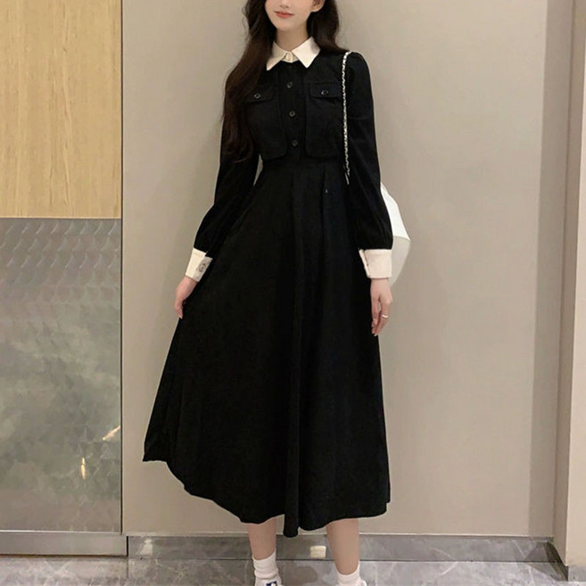 슬림소녀 여성 봄가을 코르덴 긴팔 원피스 카라 디자인 캐주얼 심플 통근 롱 스커트