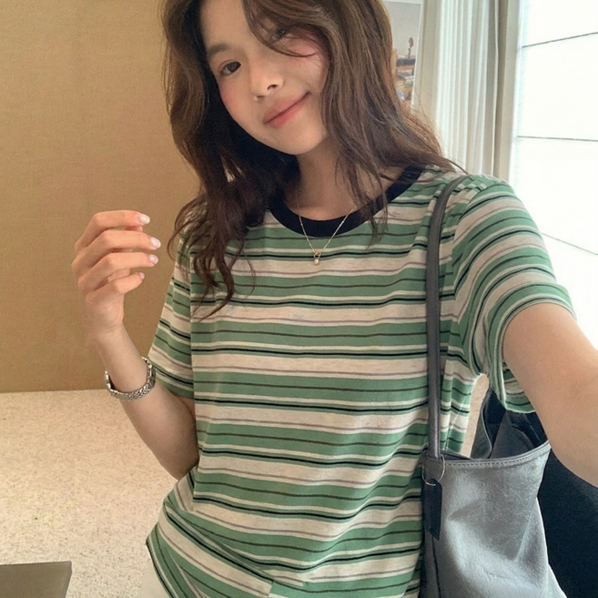 미사813 여성 여름 스트라이프 반팔 티셔츠 단가라 면 반팔티