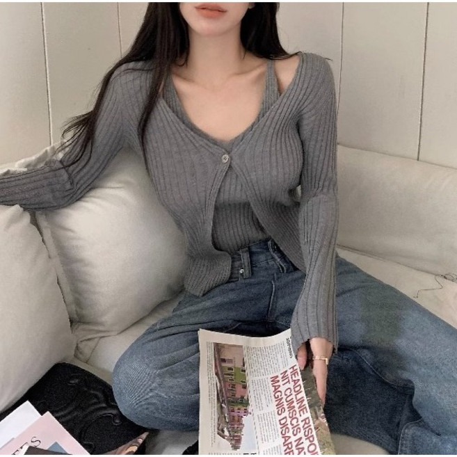 쪼예 페이크 투피스 섹시 브이넥 나시 골지 가디건