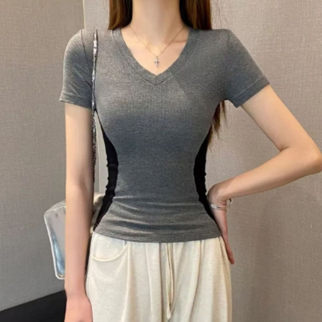 AOKADA 여성 브이넥 슬림 골지 반팔티 강력 스판 섹시 허리 스티칭