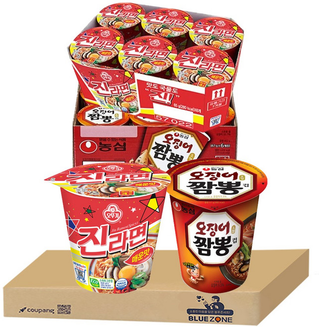 블루존 오징어짬뽕 소컵라면 67g (6입)+진라면 매운맛 소컵라면 65g (6입)
