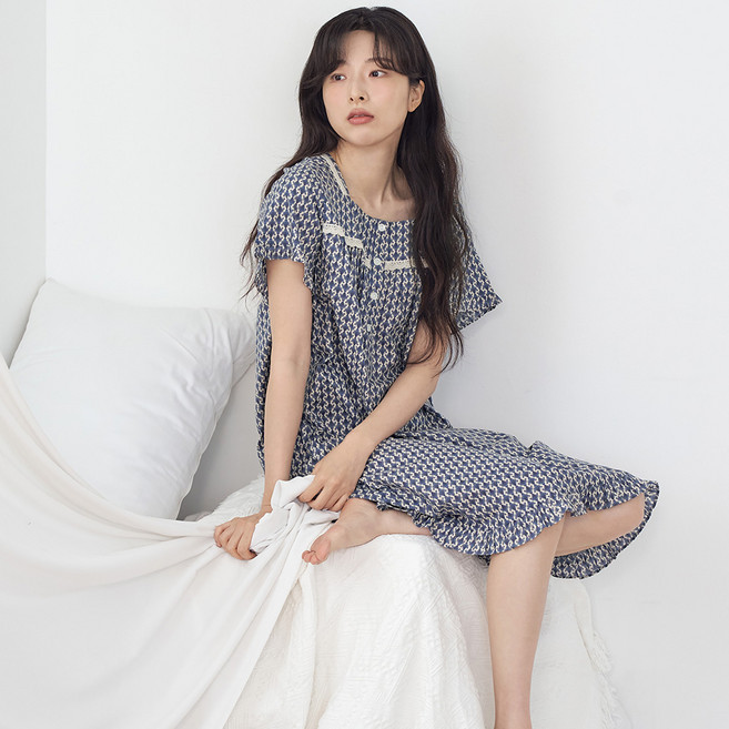 메이플라워 엔틱블루 반팔 순면 여성 빅사이즈 잠옷 홈웨어 원피스 잠옷