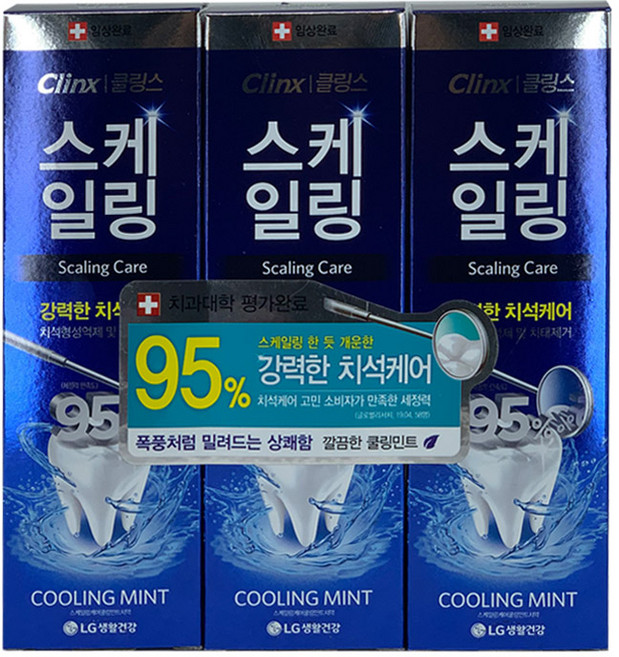 클링스 스케일링케어 쿨링민트 치약 100g 3개입 입냄새제거 구강위생용품 기능성치약 불소치약 가글 치약 충치예방치약 잇몸질환예방, 행복한또미네 1