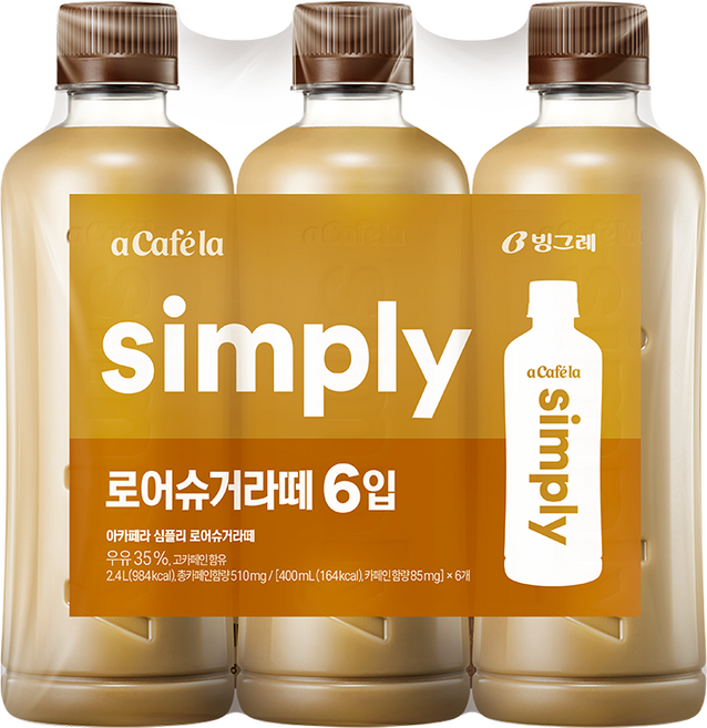 빙그레 아카페라 심플리 라떼 로어슈거 400ml, 6개