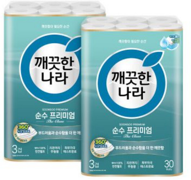 깨끗한나라 순수 프리미엄 더클래스 30m 30롤 2팩, 30개