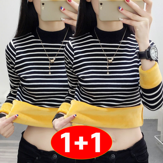 TIMEPURE 1+1 여성 보온 상의 투피스 세트 방한 내복 순색 소프트 슬림핏 빅사이즈 고탄력 보온 발열내의 반하이넥 긴팔 겨울 기모 도톰한 방한 이너웨어