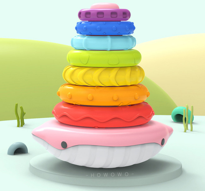 疊疊樂彩虹套圈 搖鈴 套圈圈玩具 不倒翁 彩虹圈 啟蒙積木 彩虹塔 1017 益智早教玩具, 1個, 鯨魚套圈-粉色款 / 0672