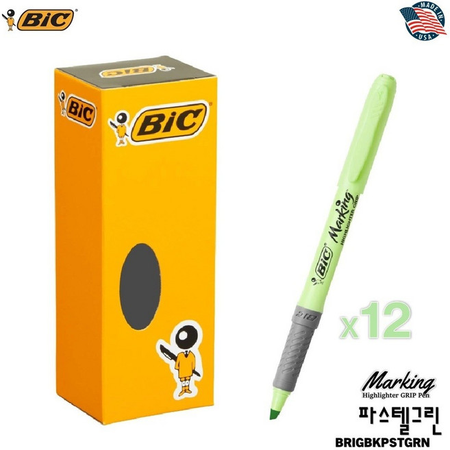 BiC 고품질수성형광펜 Marking Highlighter GRIP Pen (파스텔그린)X12ea/BRIGBKPSTGRN