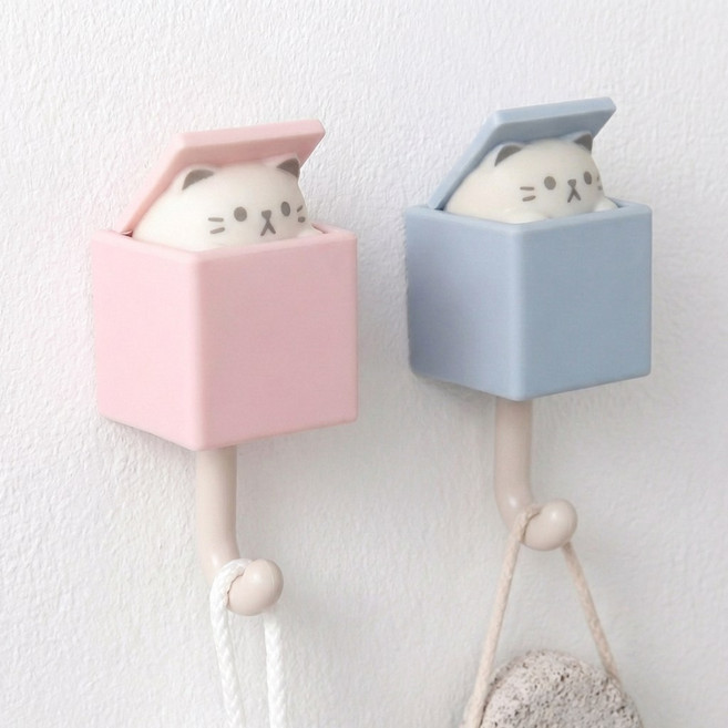 플릿플릿 까꿍 접착식 벽걸이 후크 고양이, 1세트, 블루+핑크