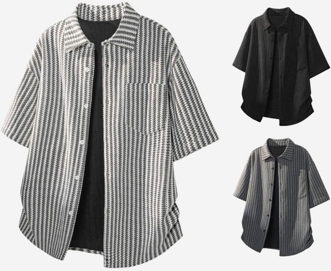 ANYOU 남성 반팔 셔츠 루즈핏 스트라이프 캐주얼 데일리 티셔츠