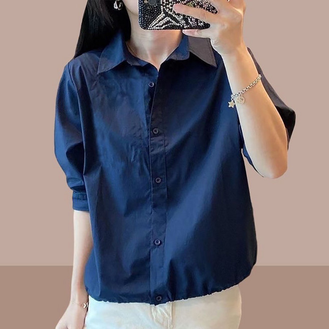ROYALBELLE 여성 루즈핏 캐주얼 반팔 버튼 셔츠 블라우스 데일리 스타일링 블라우스 D0060629