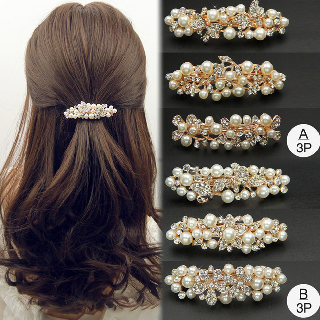 [MNC] 빈티지 삔 진주 꽃헤어핀 세트 진주 리본 헤어 액세서리 앞머리 진주 큐빅 헤어 자동핀 우아한 머리핀 클립 진주 헤어핀 결혼식 추석 선물 3P