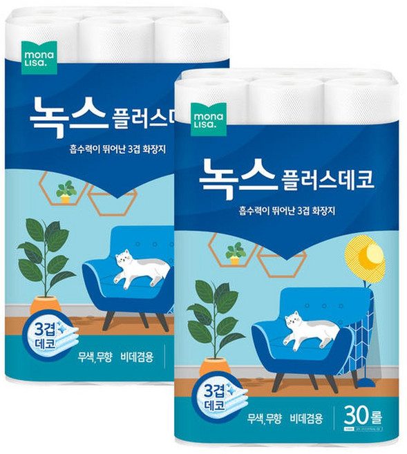 모나리자 녹스 플러스데코 3겹 30롤 x 2팩 롤화장지 롤휴지 두루마리, 2개