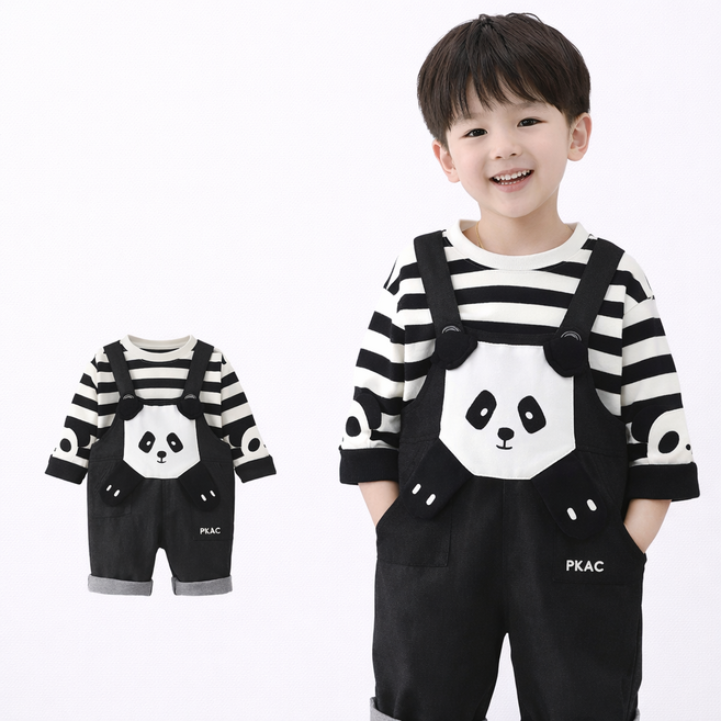 유아 곰돌이 멜빵바지 세트 아동 스트라이프 상하복