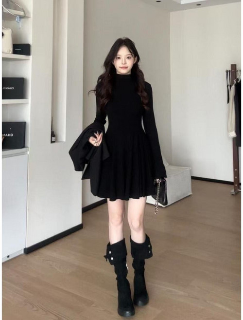 ANYOU 하이넥 니트 원피스 봄가을 고급감 슬림핏 이너 데이트룩 오피스룩