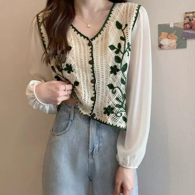 까마느 크로쉐 플라워 여성 니트 뜨게 조끼 베스트