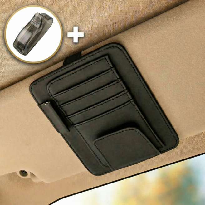 차량용 선바이저 선글라스 안경 카드 마스크 거치 포켓+보조클립 세트, 1개, 블랙