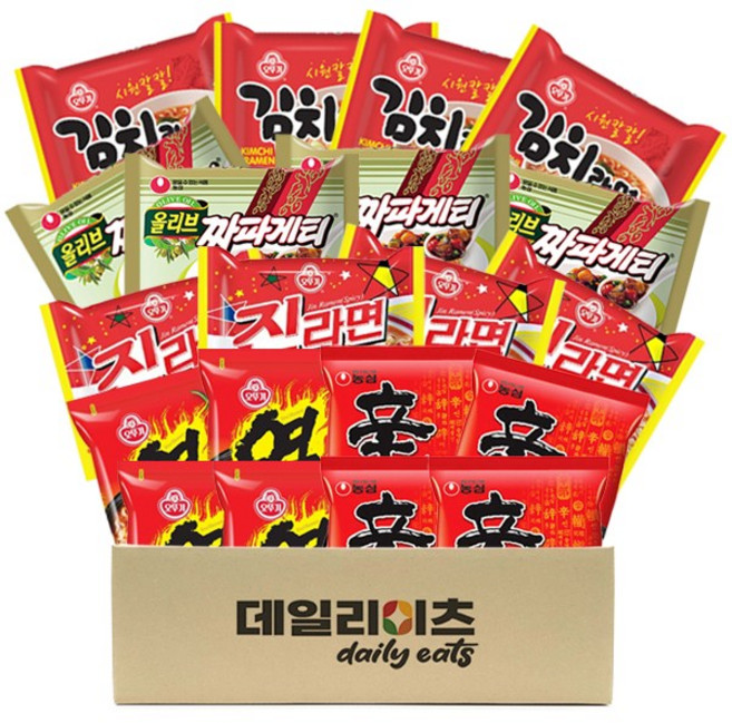 [데일리이츠] 오뚜기 농심 봉지라면 5종 4개씩 총 20개입 믹스세트 (신라면4+진라면매운맛4+짜파게티4+열라면4+김치라면4), 1세트