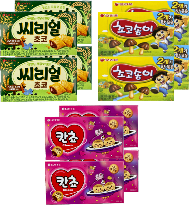 오리온제과 초코송이 72그램 + 롯데제과 칸쵸 108그램 + 롯데제과 씨리얼 초코 84그램 (판매원 주식회사 씨엠몰), 264g, 2세트