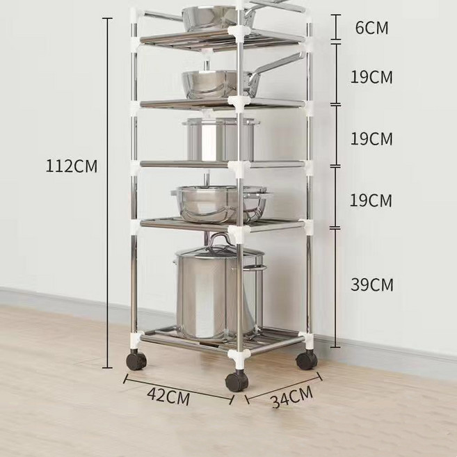 Siemzon 주방 수납 선반 다용도 주방 조립식 바퀴 진열장 거실 욕실 가정용 전자레인지 다층 거치대반, 스테인리스 스틸 컬러, 5단