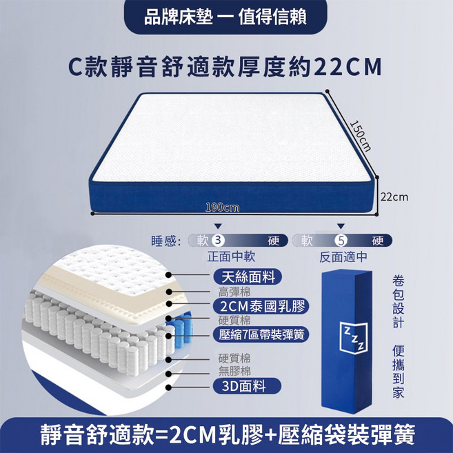 C款靜音舒適床墊 22CM 厚 150x190公分 2CM泰國乳膠 獨立筒