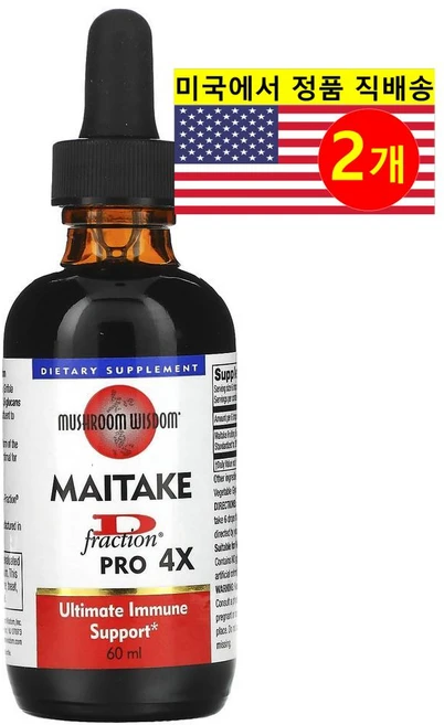 Mushroom Wisdom 머쉬룸 위즈덤 4X 효능 잎새버섯 D 프랙션 Maitake D-Fraction, 2개, 60ml - 쿠팡
