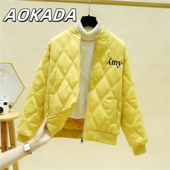 AOKADA 경량패딩 여성 야구 칼라 패딩 자수 지퍼 외투 여성용 경량 다운 패딩 3색