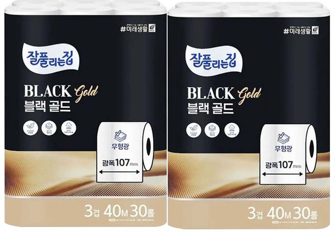 잘풀리는집 3겹 블랙골드 40m 30롤X2팩 107mm와이드 무형광화장지, 2개, 30롤