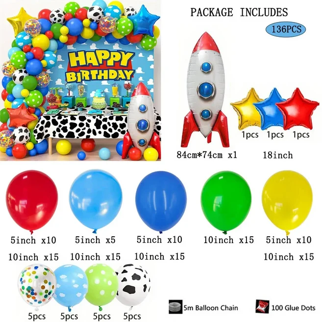 136PCS 토이 스토리 풍선 아치 키트 소년의 생일 샤워 장식 테마 인쇄 구름 암소 파티 용품, 01 기타, 01 set