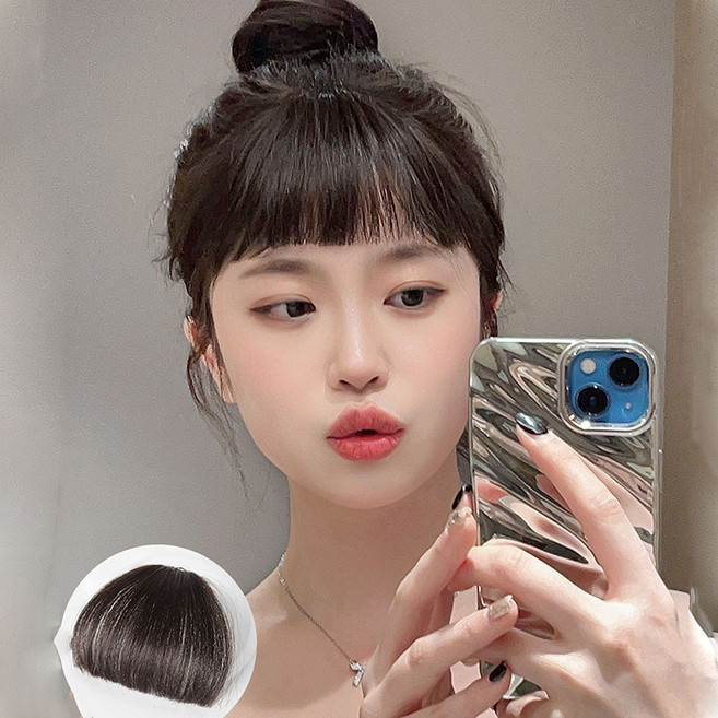 1+1 애교 일자 소프트 뱅 앞머리 가발 부분 헤어피스 웨이브 풀뱅, 1개, 내추럴브라운+라이트브라운