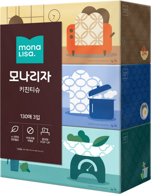 모나리자 뽑아쓰는 키친타올 130매 3입 천연펄프 무형광, 3개
